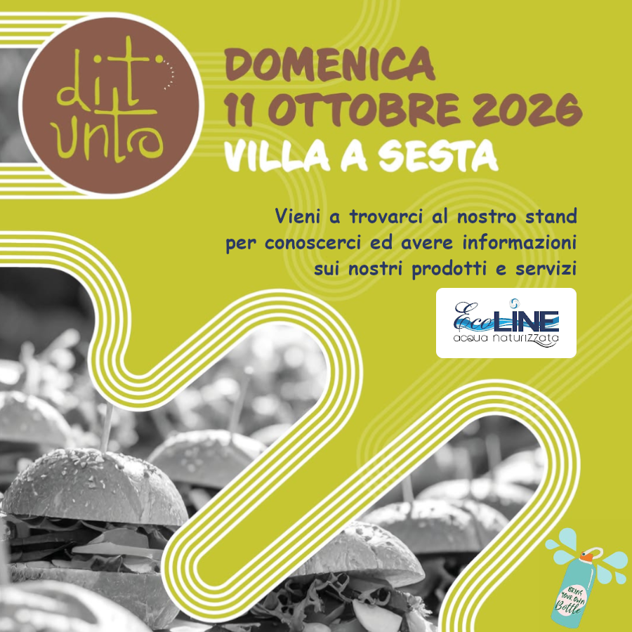 DOMENICA 11 ottobre 2026 a Villa a Sesta torna il Festival del mangiare con le mani: una giornata in cui sporcarsi le mani è praticamente d’obbligo. Sarà una nuova edizione, con tante cose buone, tante novità e qualche sorpresa che per ora non possiamo raccontarvi. Ecoline contribuirà a rendere l'evento Plastic Free fornendo acqua naturizzata gratuitamente a tutti i partecipanti!
Preparate le vostre borracce e venite a trovarci allo stand. Potrete richiedere informazioni per portare i vantaggi dell'acqua naturizzata anche a casa vostra!